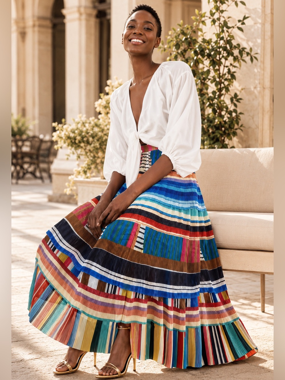 FARM Rio Mixed Stripes Pleated Tiered Midi Skirt Multicolor